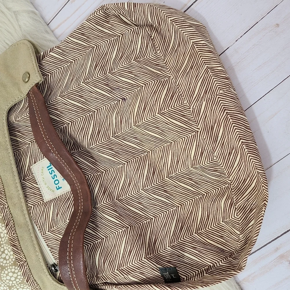 Vintage Fossil beaded canvas bag floral raffia sage green large